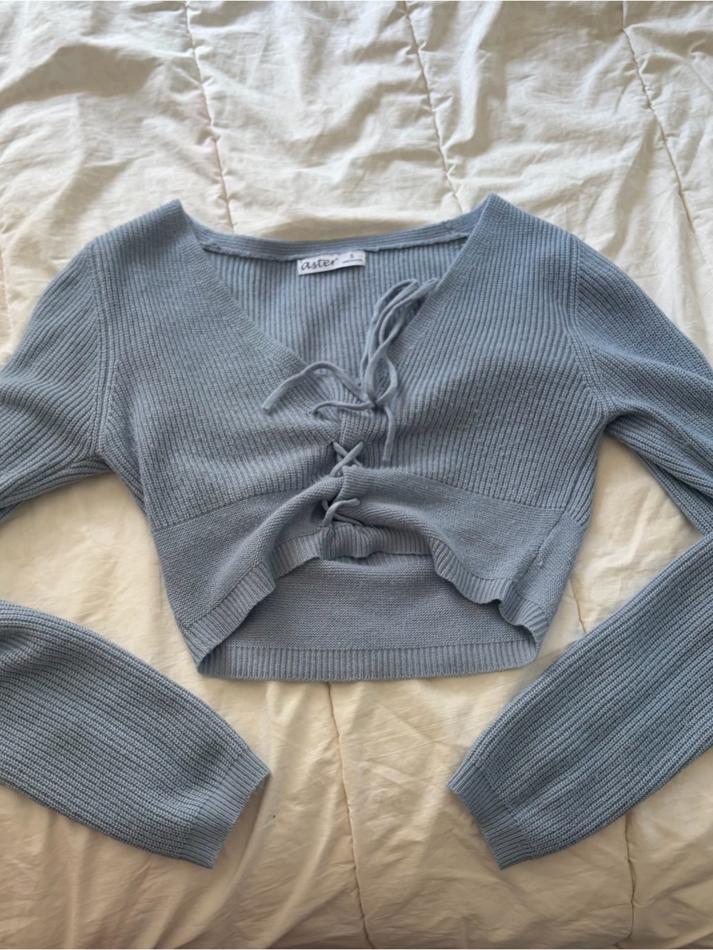 Aster Light Blue Lace-Up Ribbed Cropped Sweater